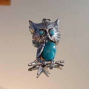 Silver Tone and Faux Turquoise Owl Pendant Vintage 1980's